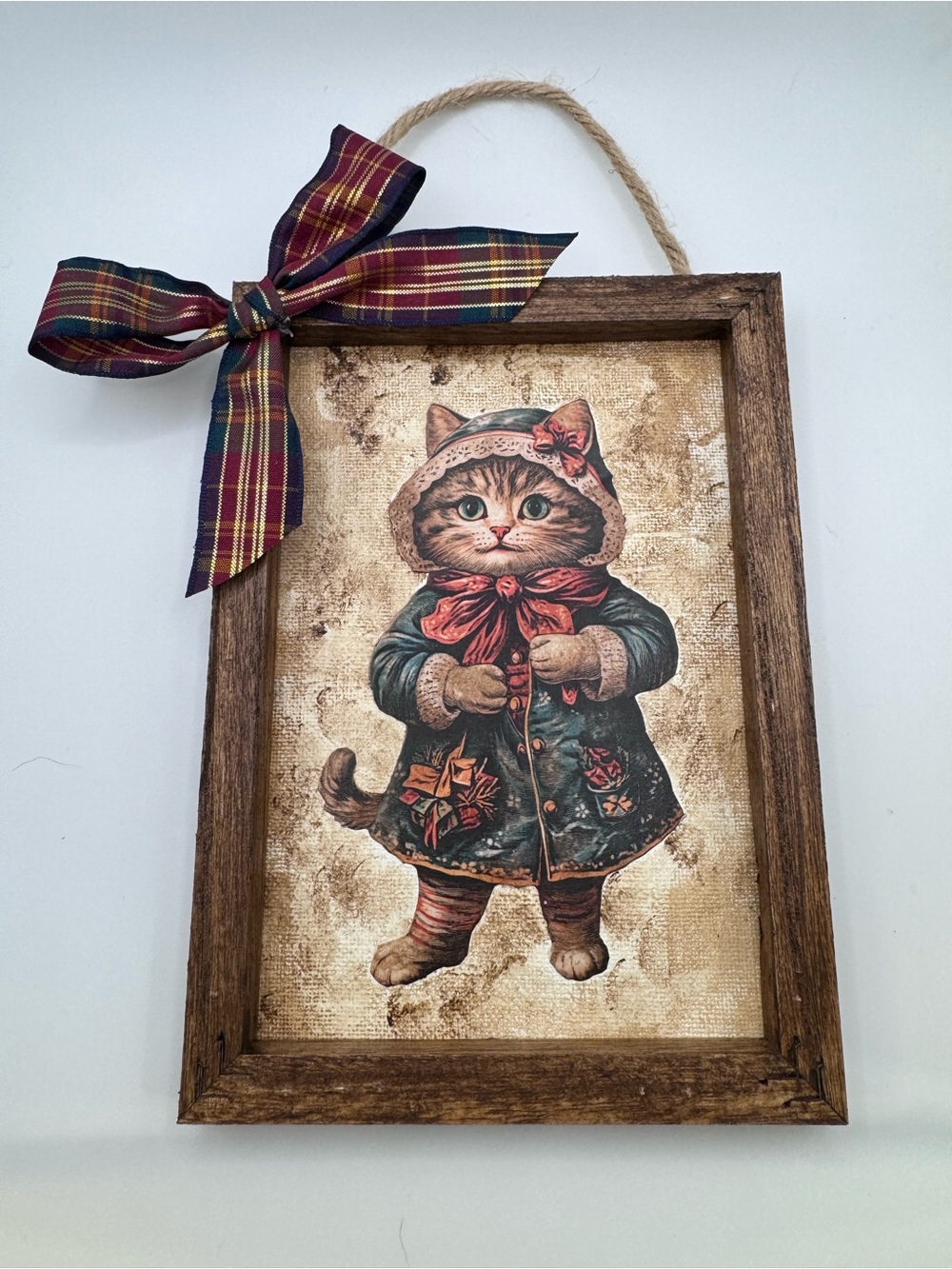 New OOAK Old-Fashioned Distressed Winter Blue and Red Cat Decor Holiday Picture